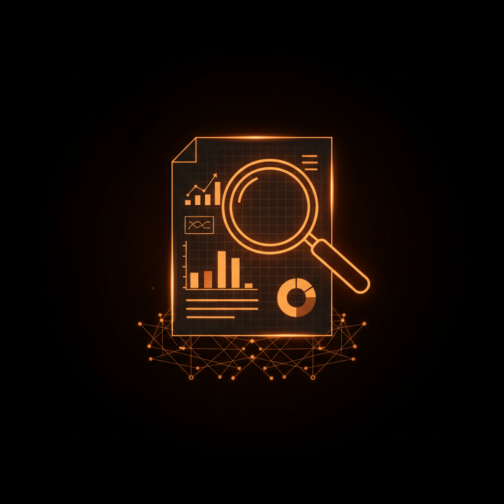 Icona luminosa con lente d’ingrandimento su documento con grafici, rappresentazione dell’analisi e consulenza iniziale nel processo di creazione siti web.