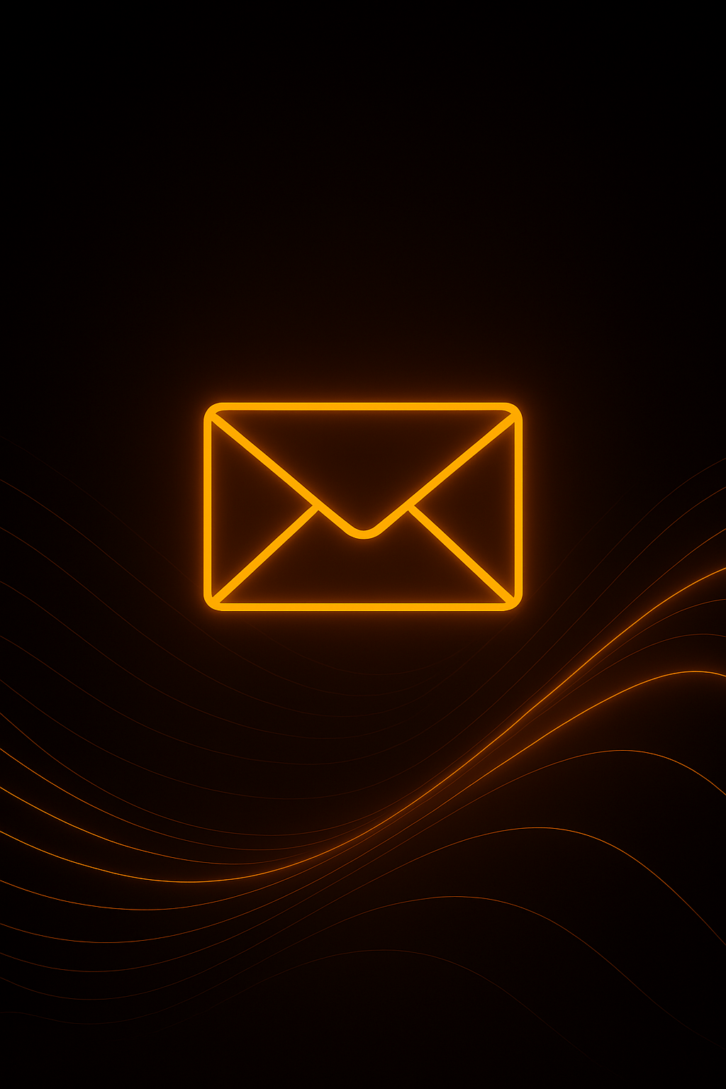 Illustrazione verticale con busta luminosa arancione e linee digitali su sfondo nero, simbolo dei contatti con Fabio Ton Web Designer tramite email e canali digitali.