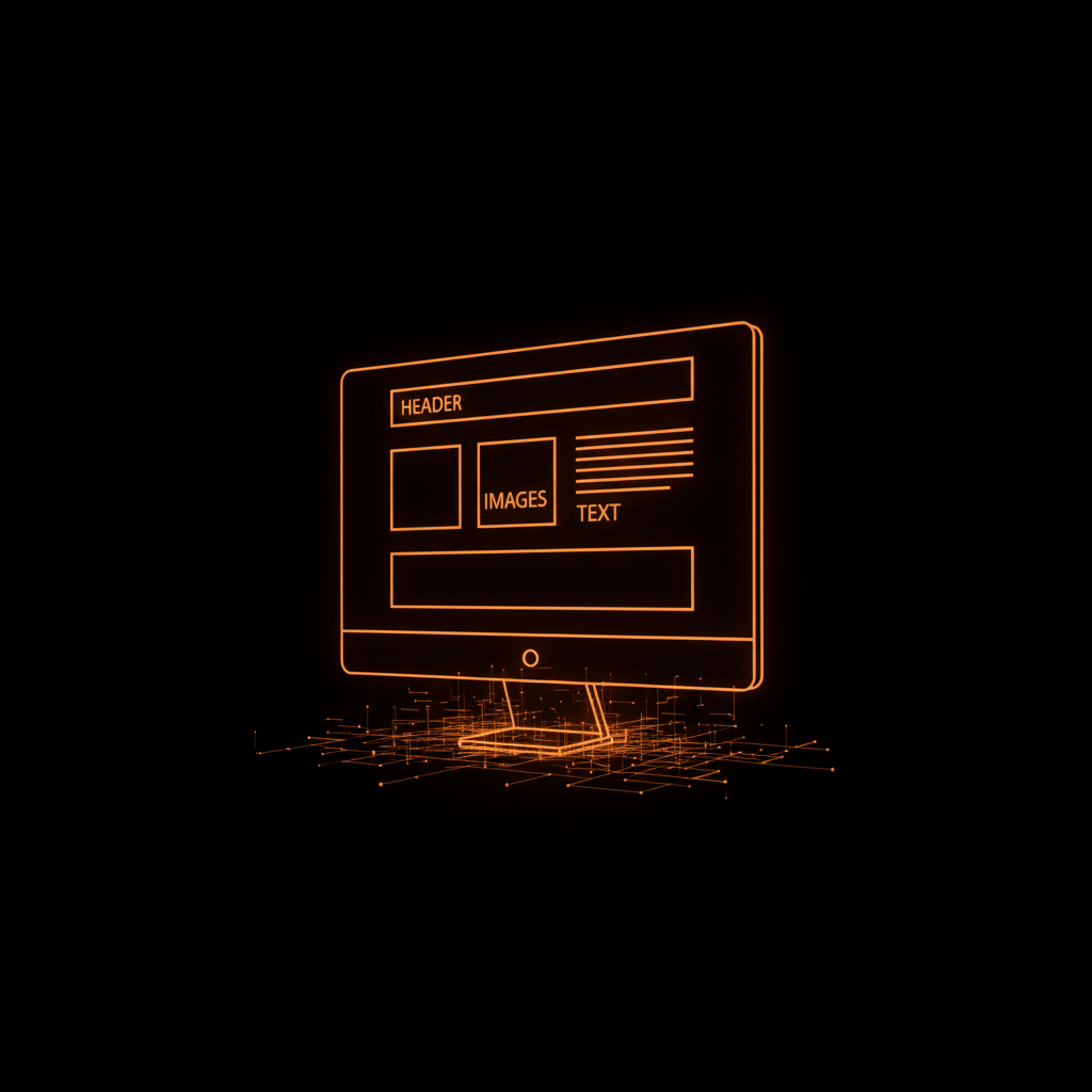 Illustrazione digitale con monitor e layout stilizzato arancione su sfondo nero, simbolo della fase di design e prototipo nella creazione di siti web professionali.