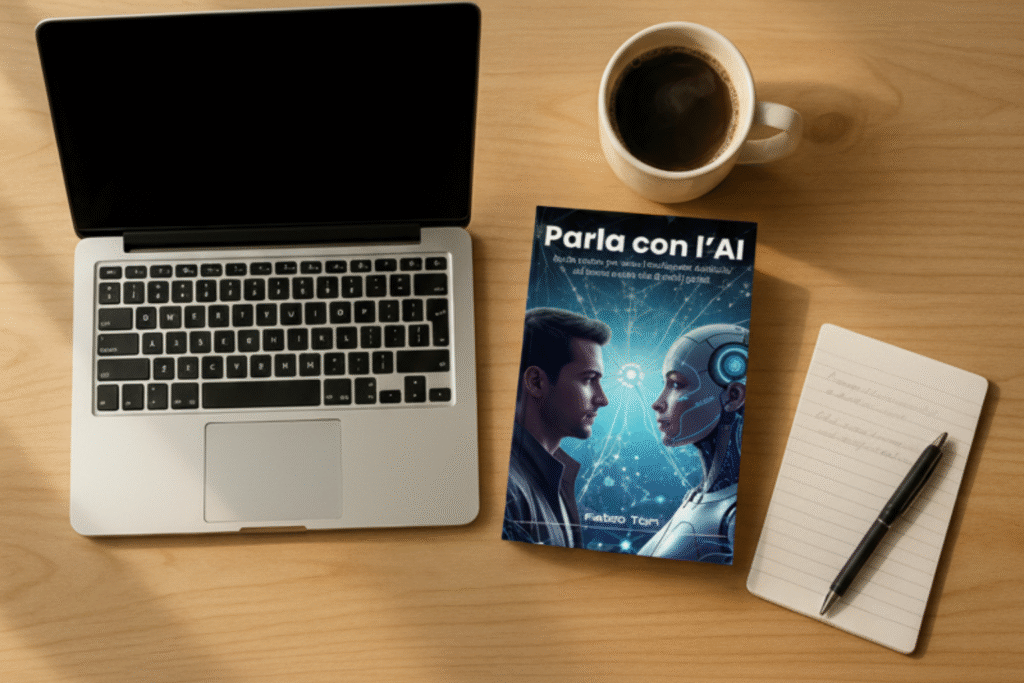 Libro Parla con l’AI su una scrivania accanto a un computer e una tazza di caffè