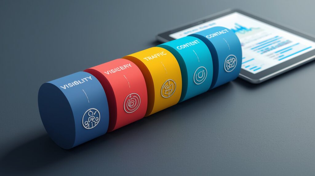 Schema del funnel di marketing utilizzato per ottenere contatti online attraverso visibilità, contenuti e fiducia