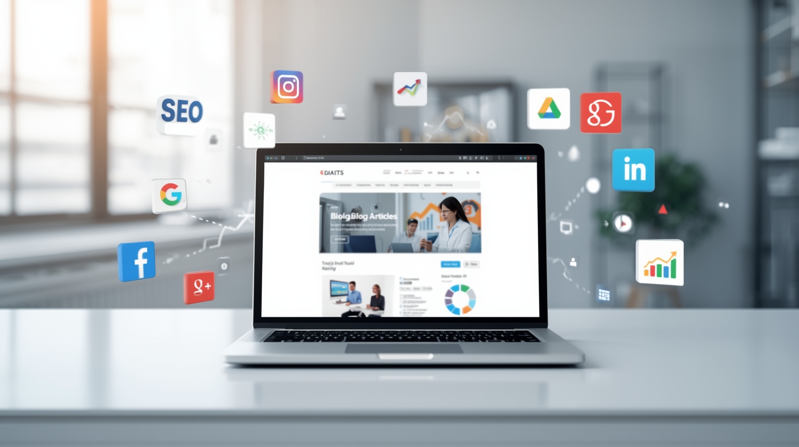 Laptop e strumenti digitali che mostrano come ottenere contatti online oltre il solo sito web