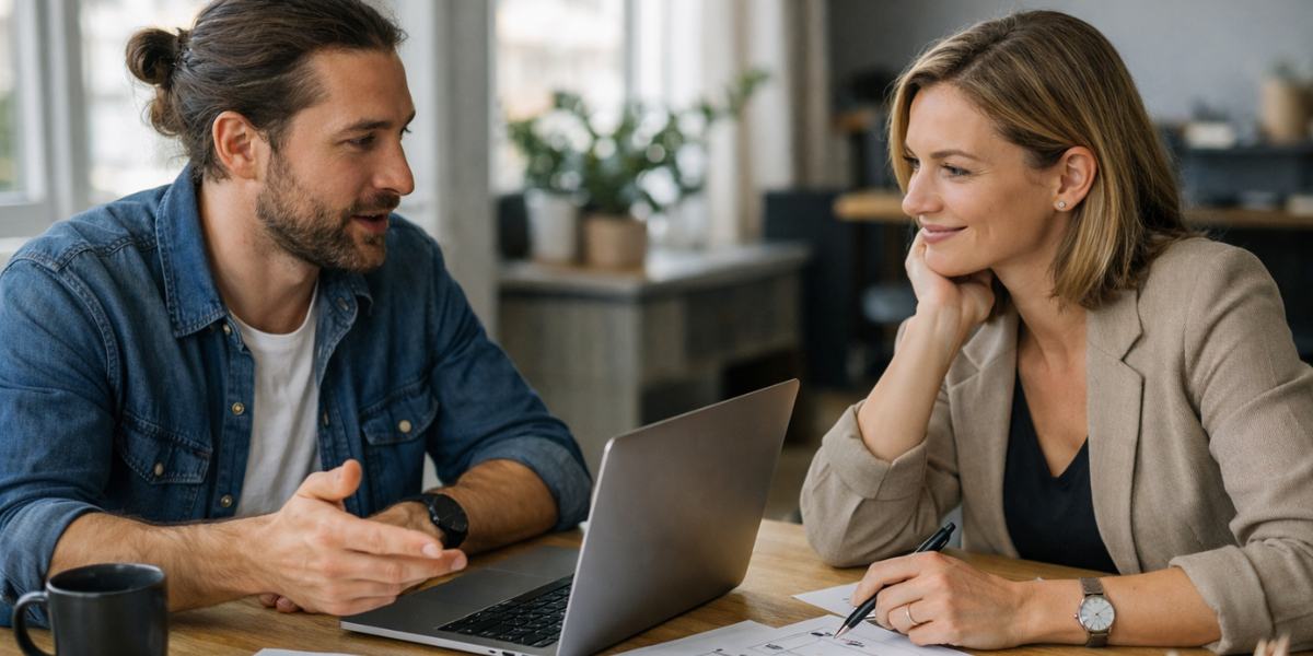 Web designer e cliente durante un incontro per analizzare obiettivi e struttura del sito web