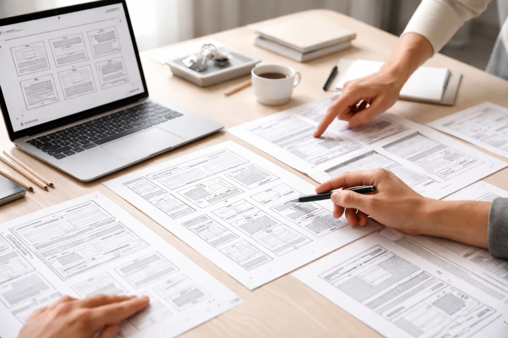 Wireframe e schemi di un sito web in fase di progettazione su scrivania di lavoro