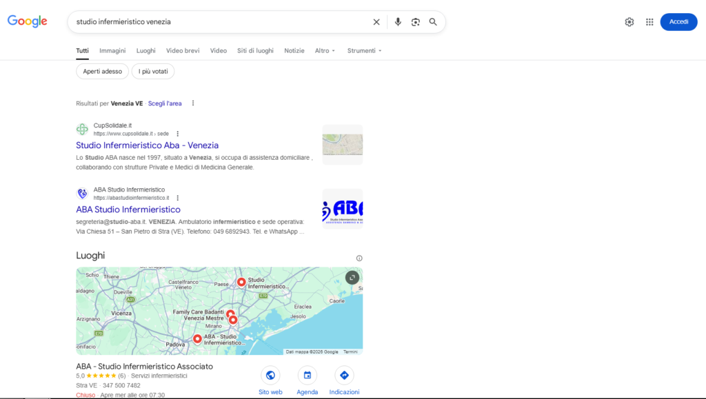 Risultato in prima pagina Google per la ricerca studio infermieristico Venezia con sito ABA Studio Infermieristico