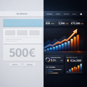 Confronto tra sito web economico da 500€ e sito web strategico con crescita di traffico, lead e fatturato
