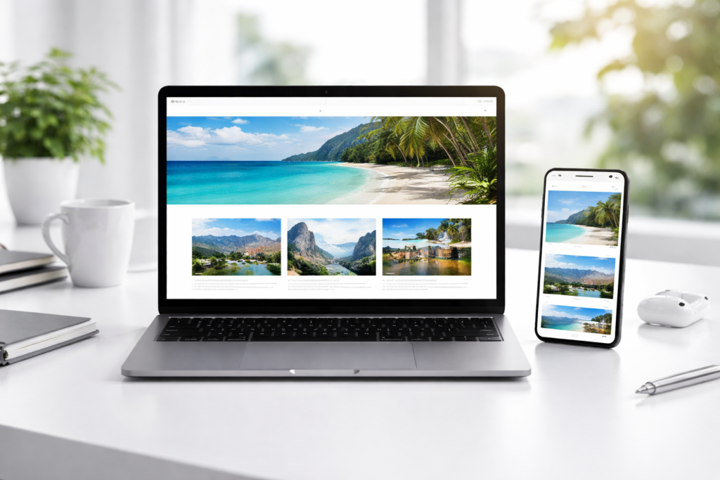 Sito web visualizzato su laptop e smartphone con layout responsive e navigazione fluida