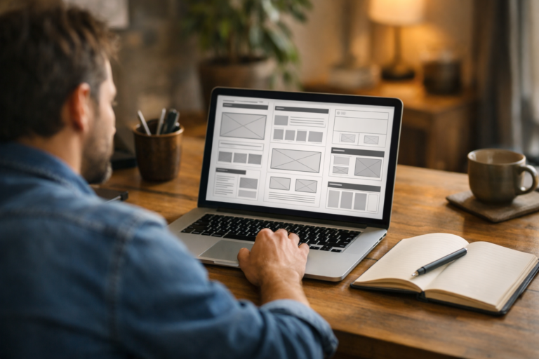 Web designer freelance che progetta un sito web professionale su laptop in un ambiente di lavoro moderno