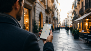 Persona che utilizza Google Maps su smartphone in una strada commerciale italiana per cercare attività locali vicine