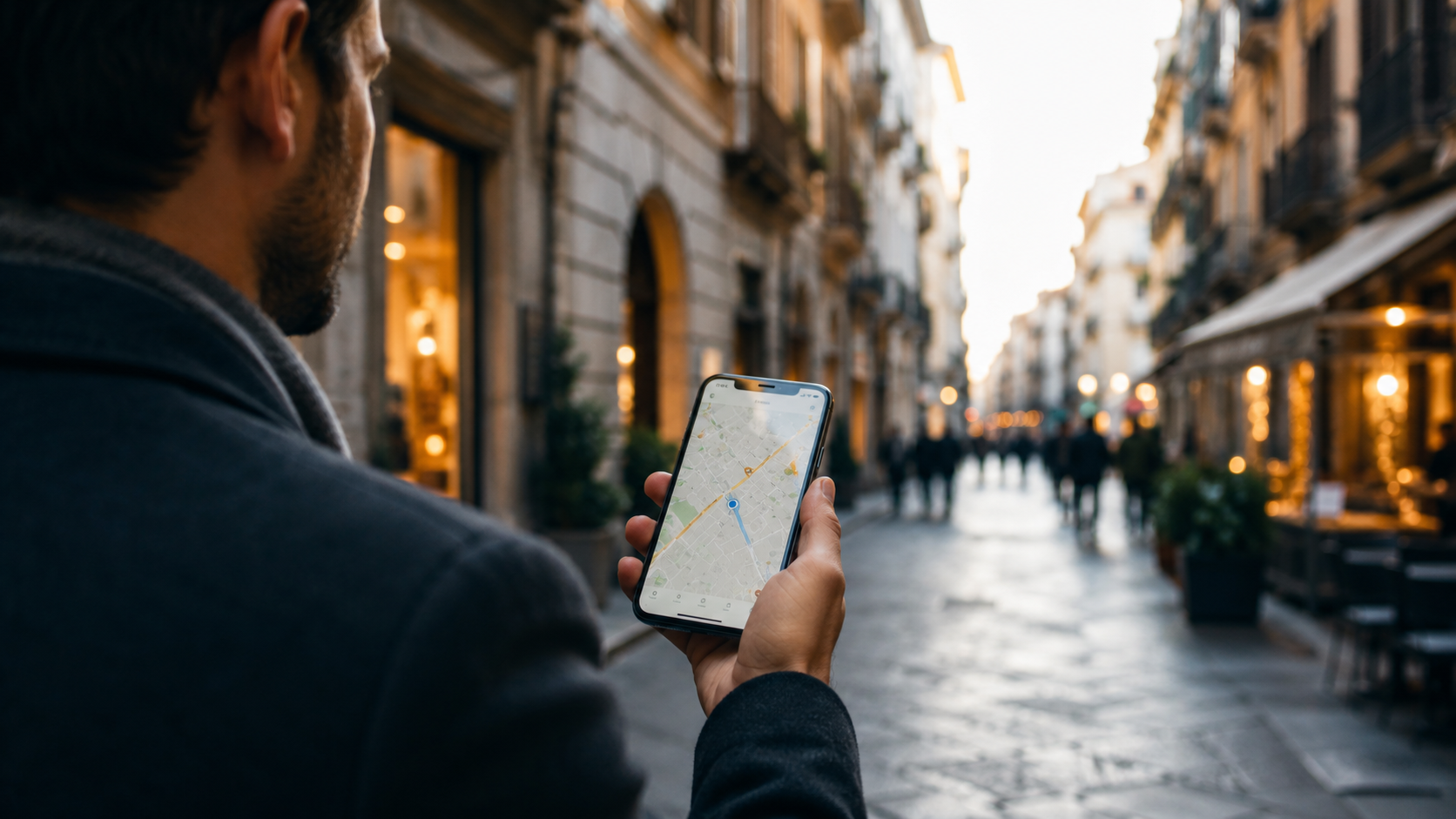 Persona che utilizza Google Maps su smartphone in una strada commerciale italiana per cercare attività locali vicine