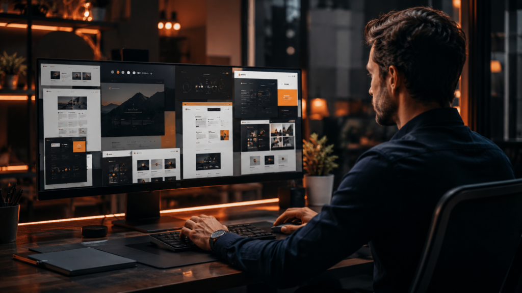Web designer al lavoro su dashboard e interfacce CMS moderne in uno studio creativo con monitor widescreen e atmosfera cinematografica professionale