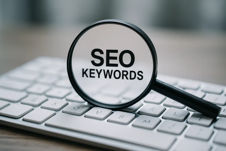 tastiera e lente d'ingrandimento con focus su SEO locale