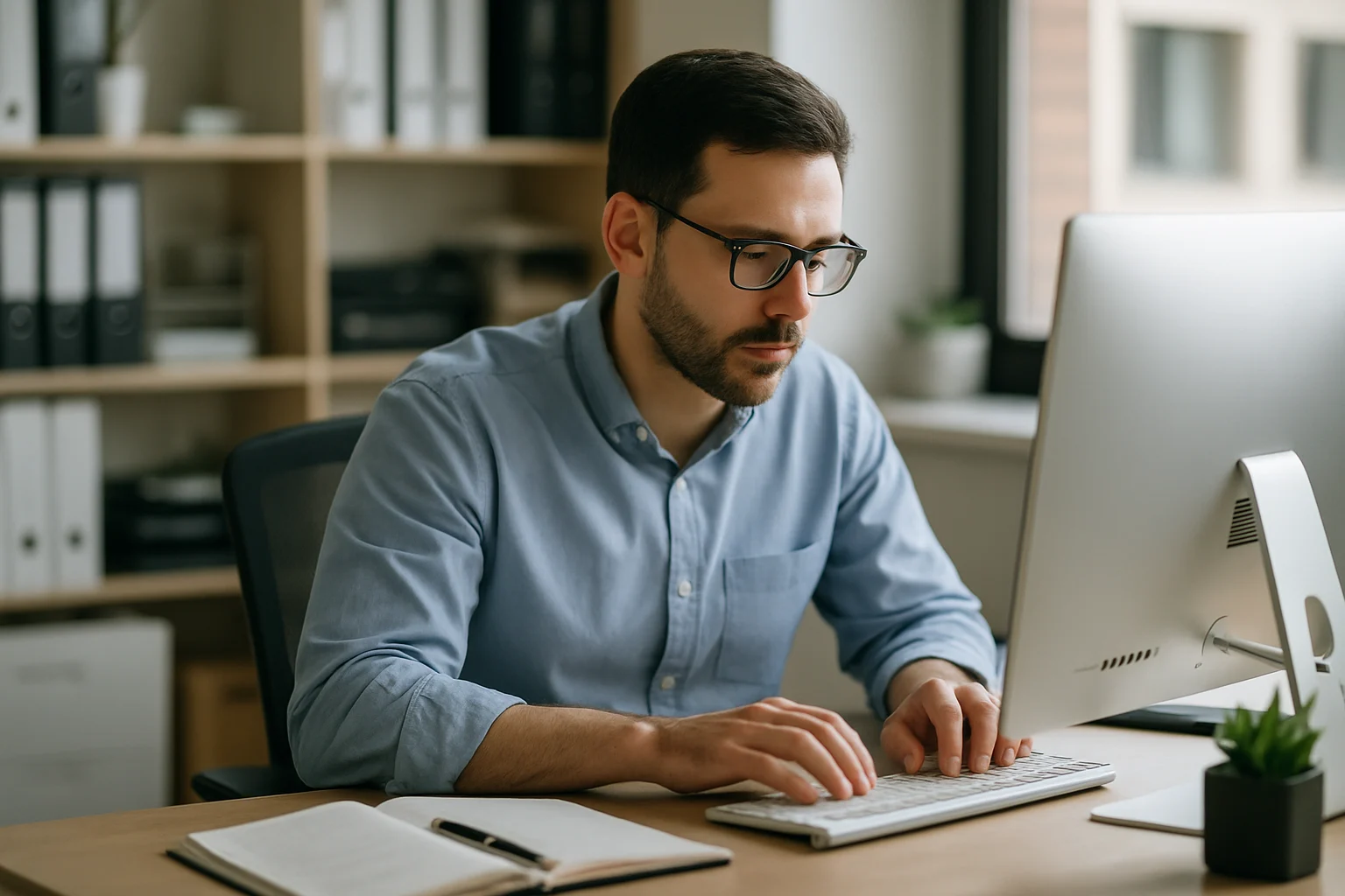 Professionista prepara contenuti per sito web in ufficio