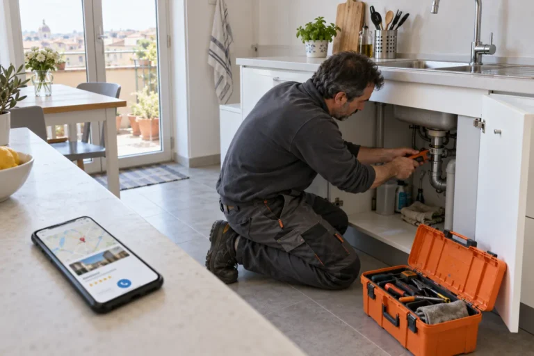 Idraulico al lavoro sotto il lavello di una cucina, con lo smartphone sul piano che mostra la sua scheda su una mappa