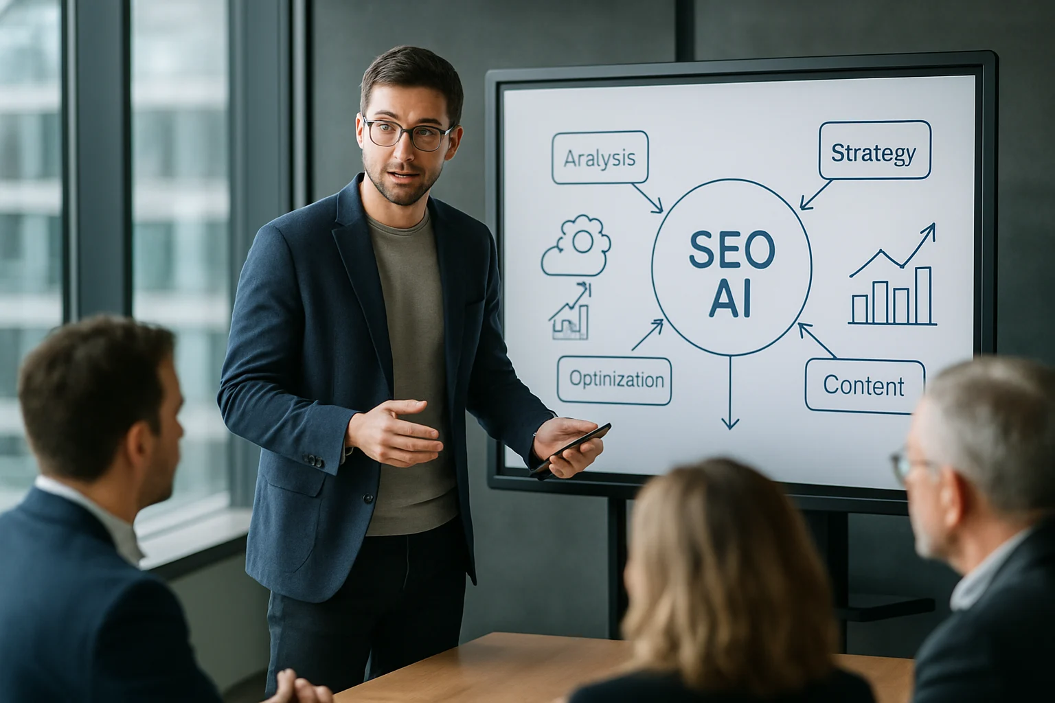 Consulente AI SEO spiega strategie a imprenditori