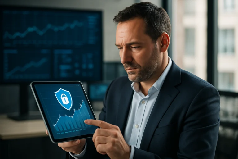 Imprenditore analizza sicurezza dati con intelligenza artificiale