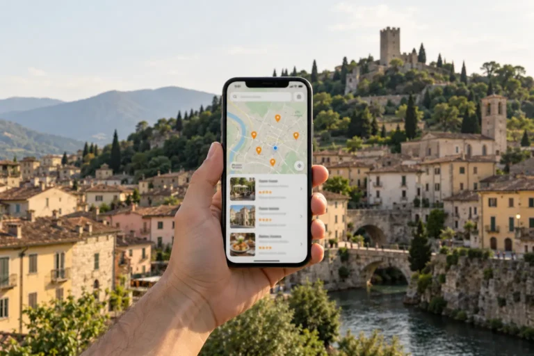 Mano che tiene uno smartphone con una mappa di attività locali, davanti a un paese ai piedi di un colle con una torre
