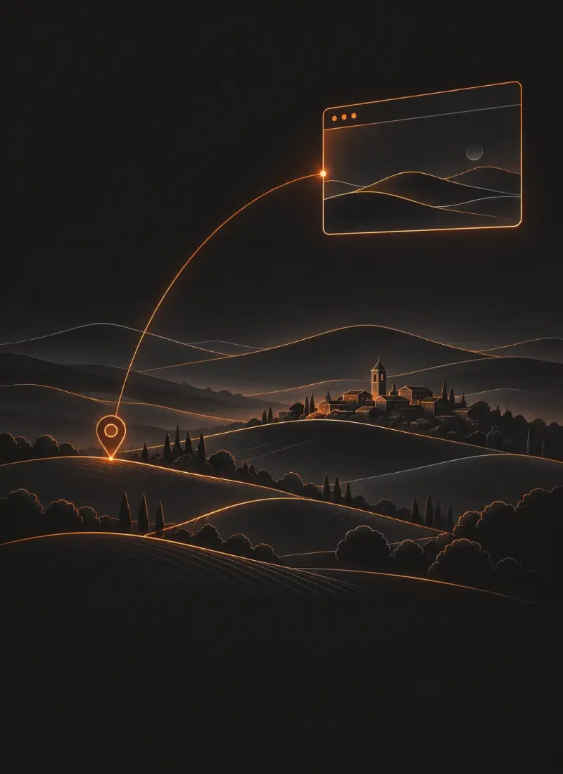 Illustrazione astratta con colline, la sagoma di un paese con campanile e un segnaposto, collegati da linee arancioni alla finestra di un sito
