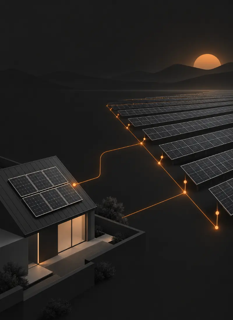 Siti web per aziende di fotovoltaico Illustrazione astratta con pannelli solari su un tetto e un parco solare, collegati da linee arancioni