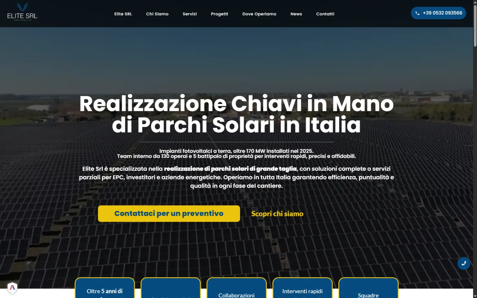Sito web Elite, parchi solari Home page del sito di Elite, azienda che realizza parchi solari in tutta Italia