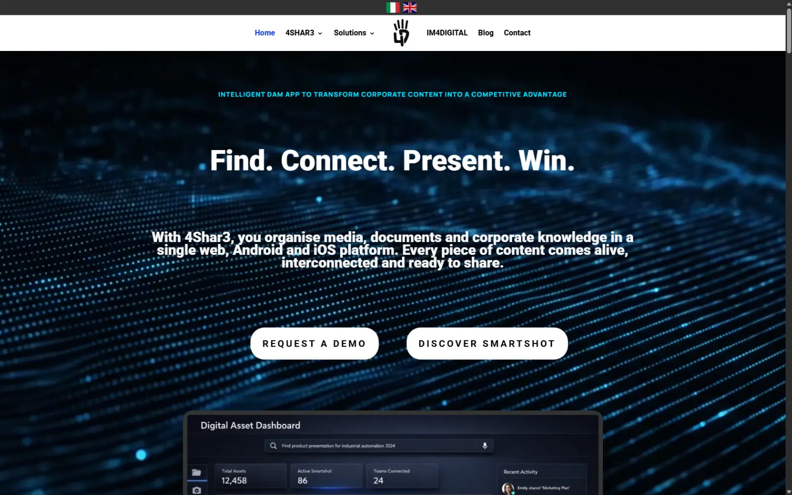Sito web IM4DIGITAL, piattaforma per i contenuti digitali Home page del sito di IM4DIGITAL, piattaforma per la gestione centralizzata dei contenuti digitali aziendali