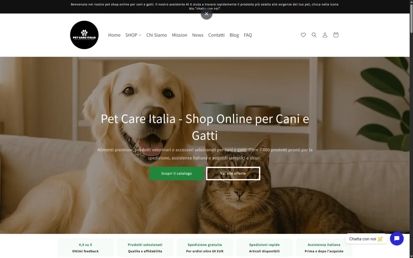 Sito web Pet Care Italia, negozio online per animali Home page del sito di Pet Care Italia, negozio online di cibo, accessori e prodotti per animali domestici
