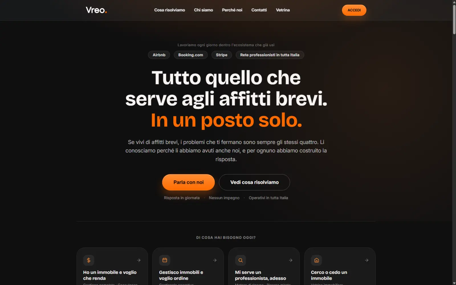 Sito web Vreo, piattaforma per property manager Home page del sito di Vreo, piattaforma per property manager e host