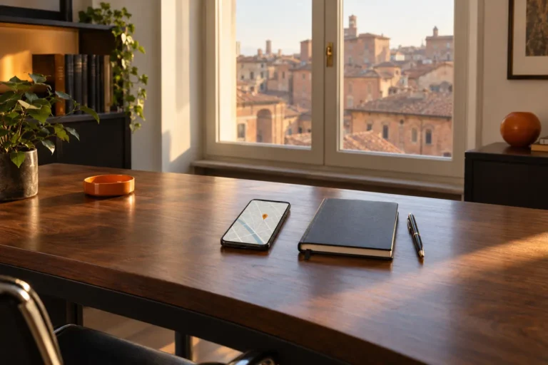 Scrivania di uno studio professionale con uno smartphone che mostra una mappa con un segnaposto, davanti a una finestra sui tetti di una città storica
